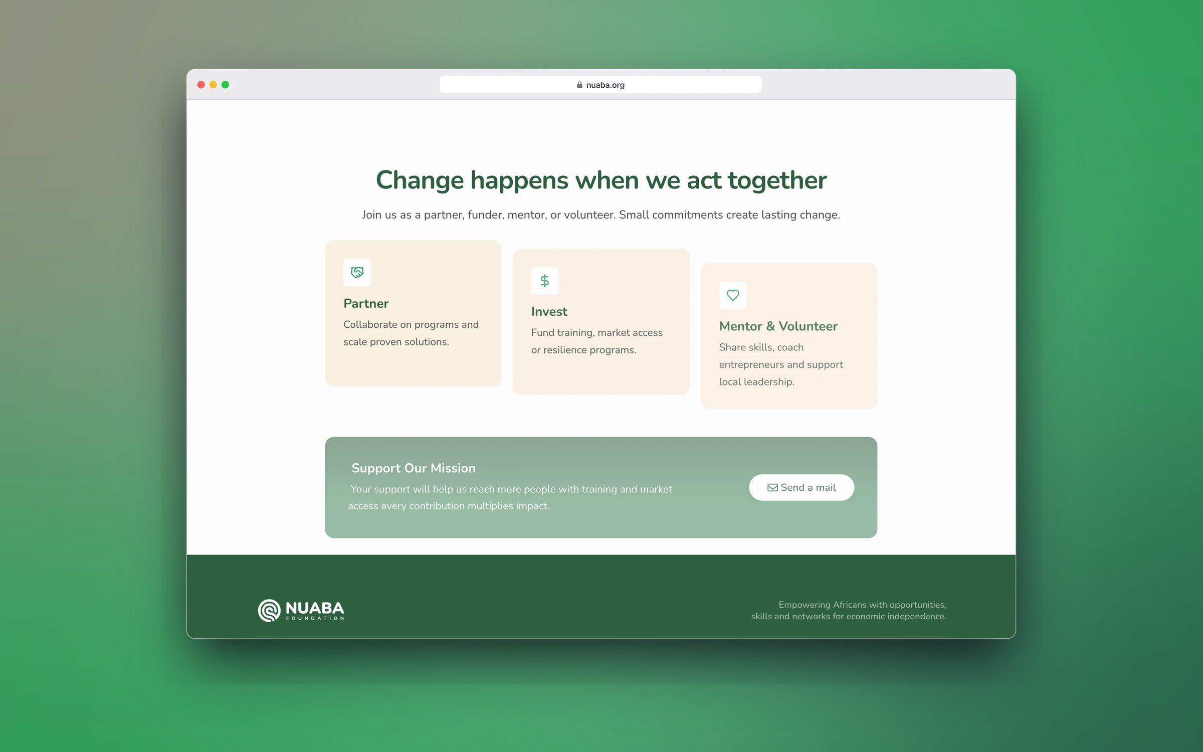 Change happens when we act together section with partner, invest and volunteer options, in a desktop browser