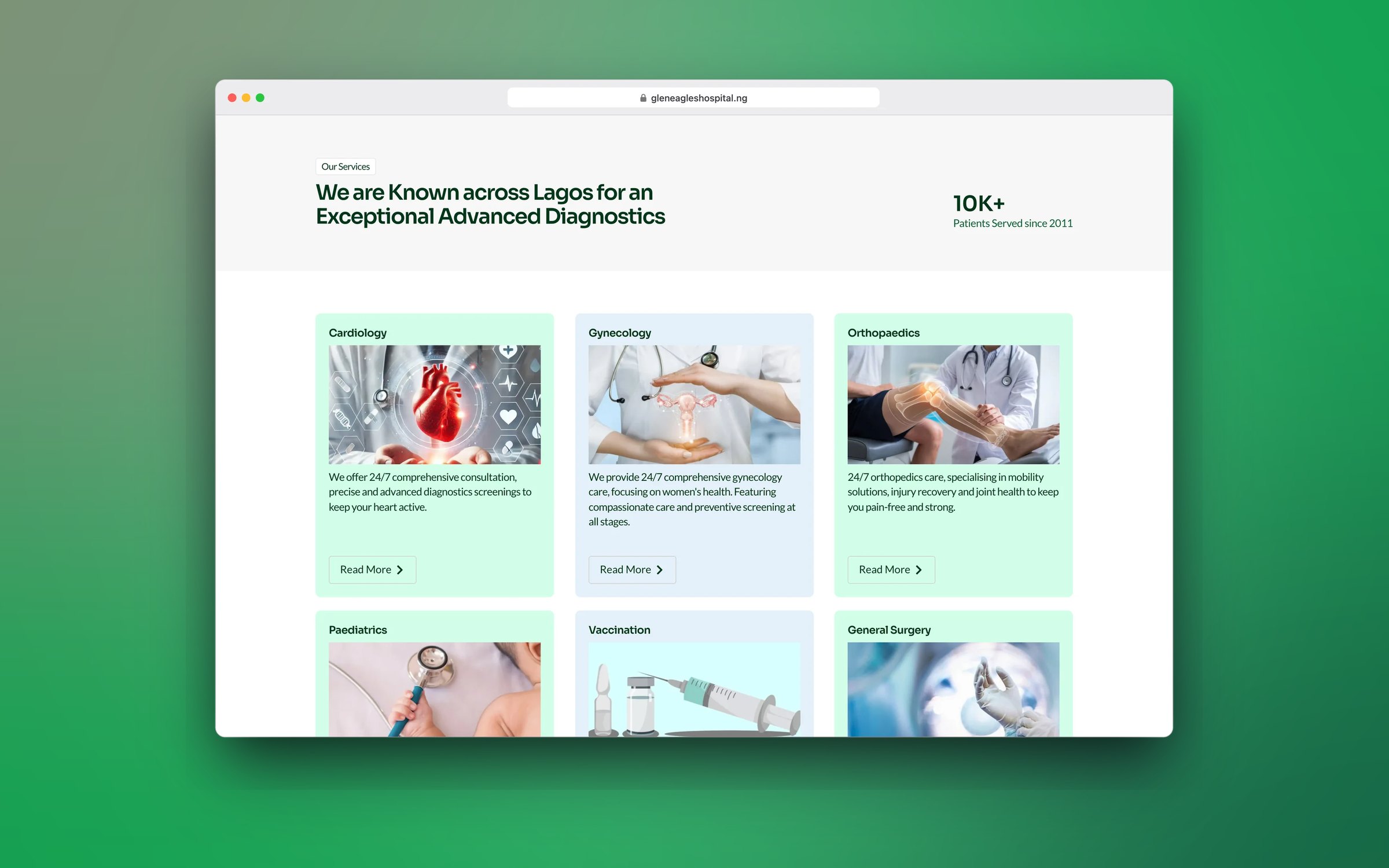 Gleneagles Hospital home page section presenting its diagnostic services as illustrated cards, in a desktop browser