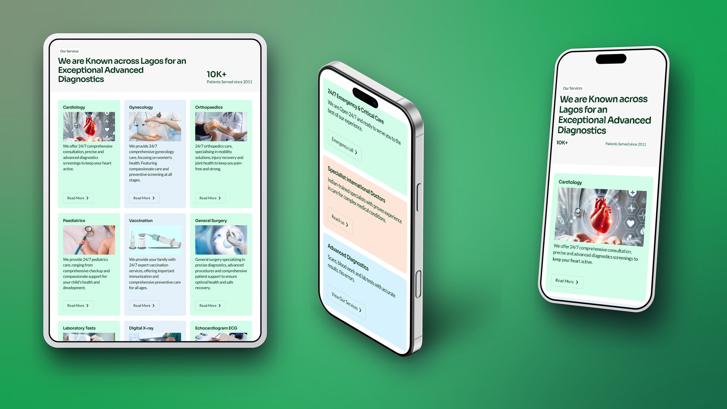 Gleneagles Hospital website on an iPad and two iPhones, showing the responsive services layout
