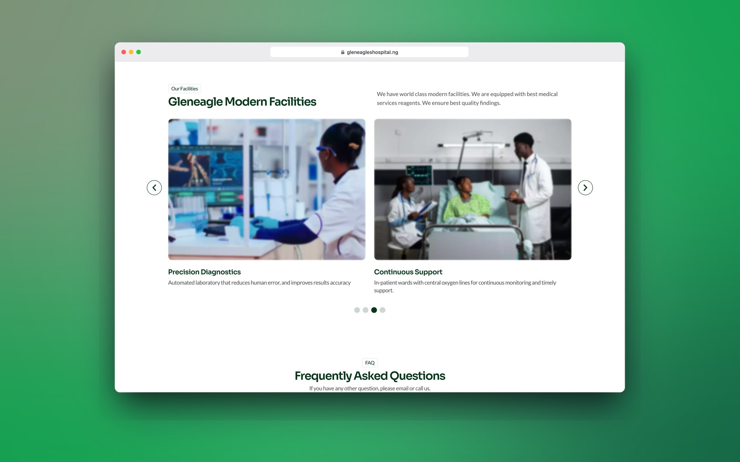 Gleneagles Hospital modern facilities section with a photo carousel, in a desktop browser