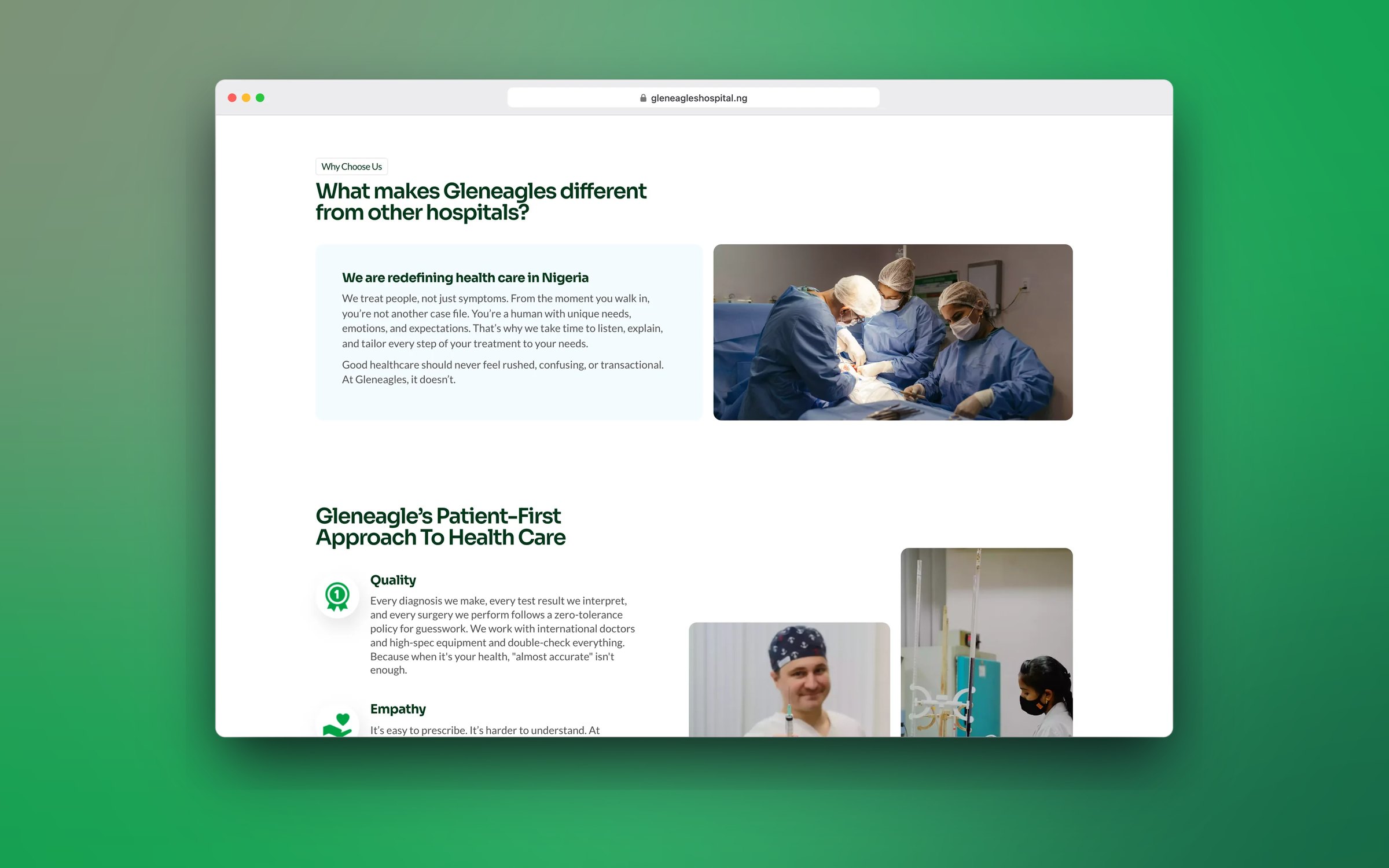 Gleneagles Hospital about page explaining its patient-first approach, in a desktop browser