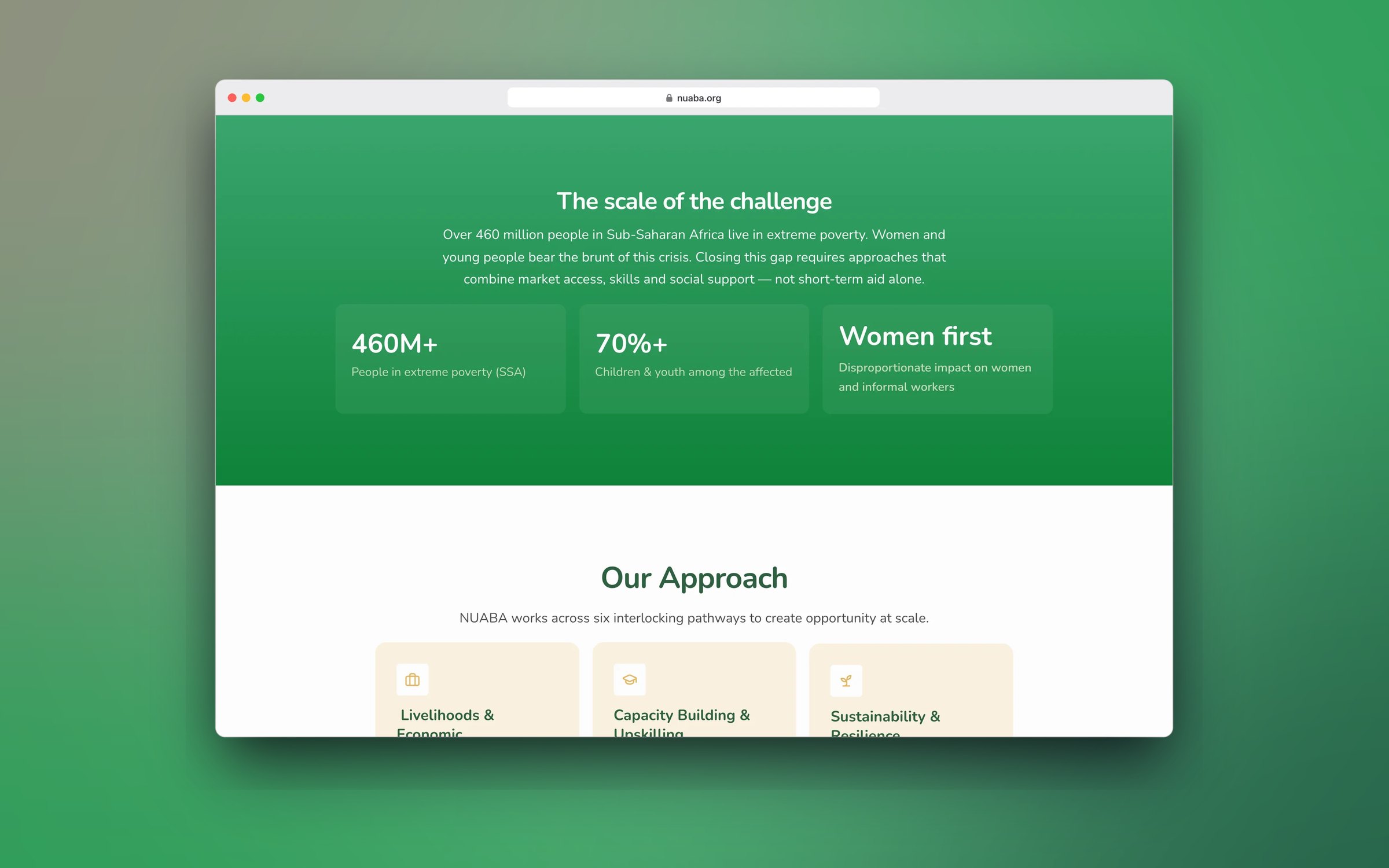 The scale of the challenge statistics and Our Approach section on the NUABA site, in a desktop browser