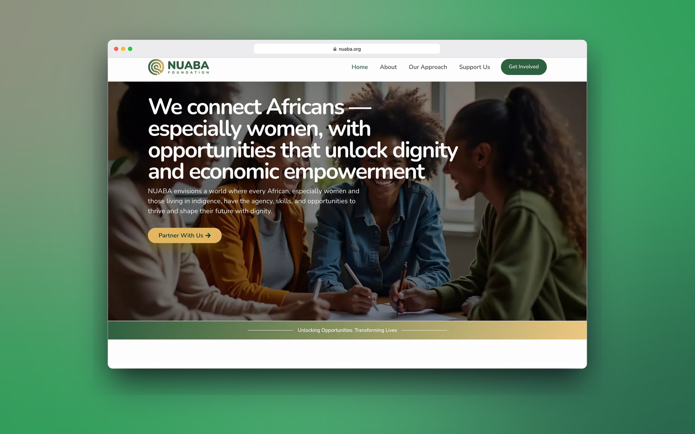 NUABA home page hero about connecting Africans, especially women, with opportunities, in a desktop browser