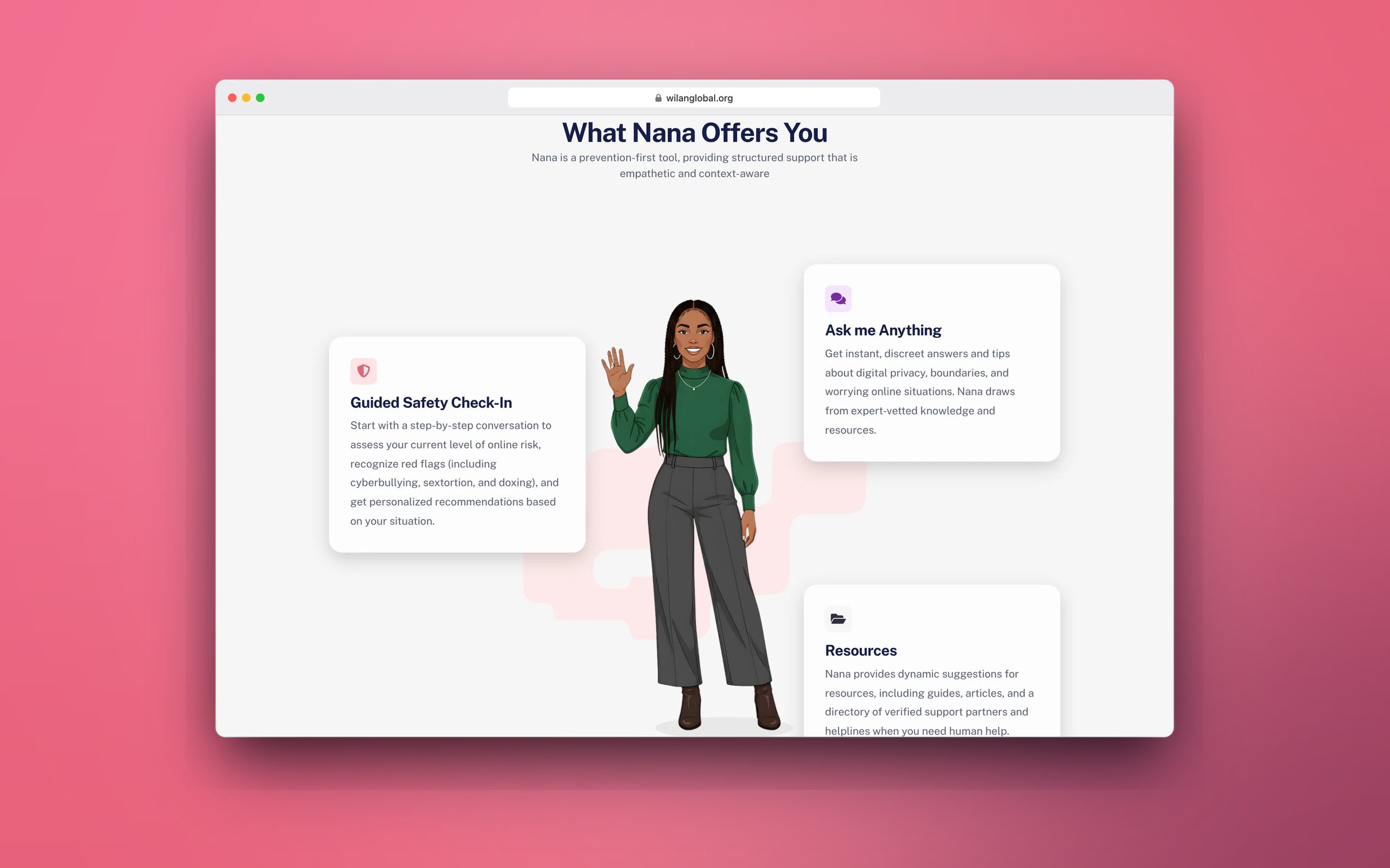 What Nana Offers You section with an illustrated guide and feature cards, in a desktop browser
