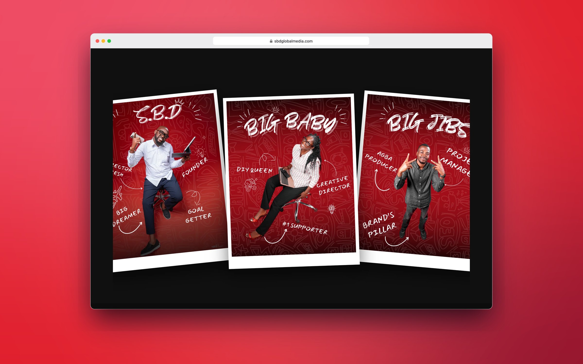 SBD Global Media team page with poster-style team portraits, in a desktop browser