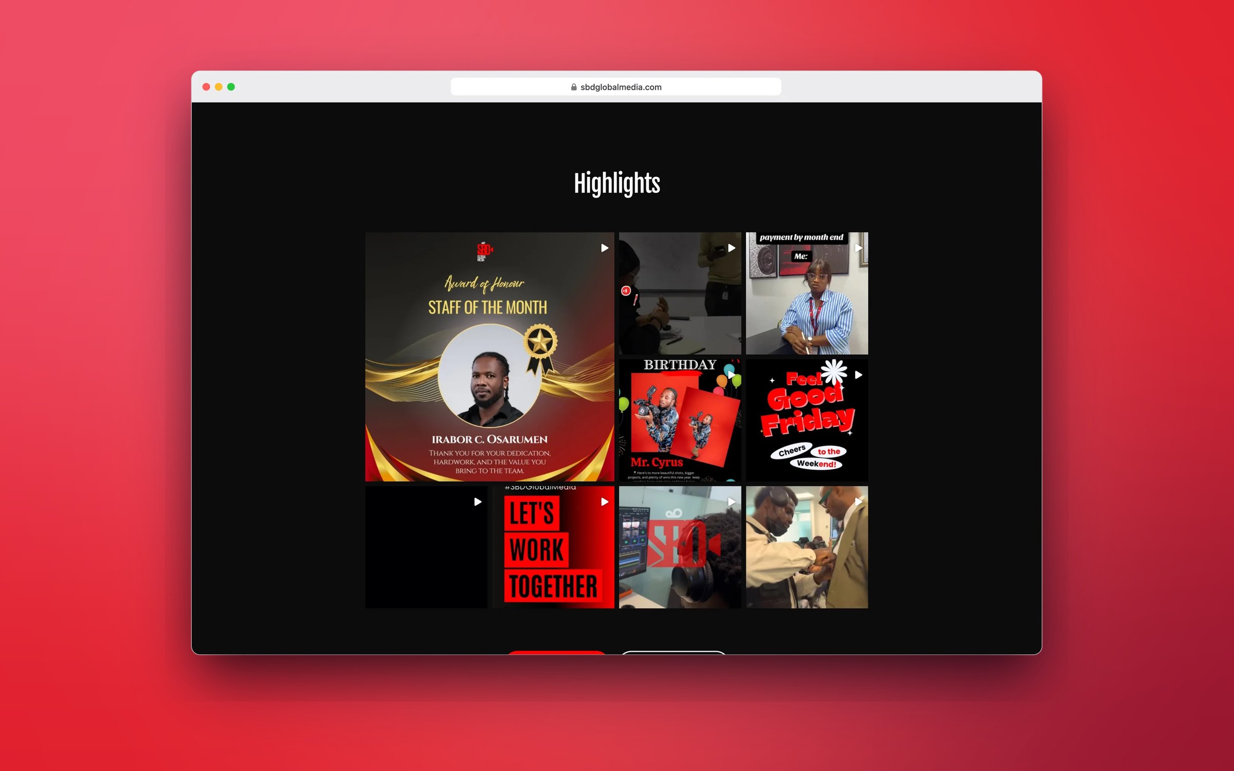 SBD Global Media highlights grid of productions, in a desktop browser