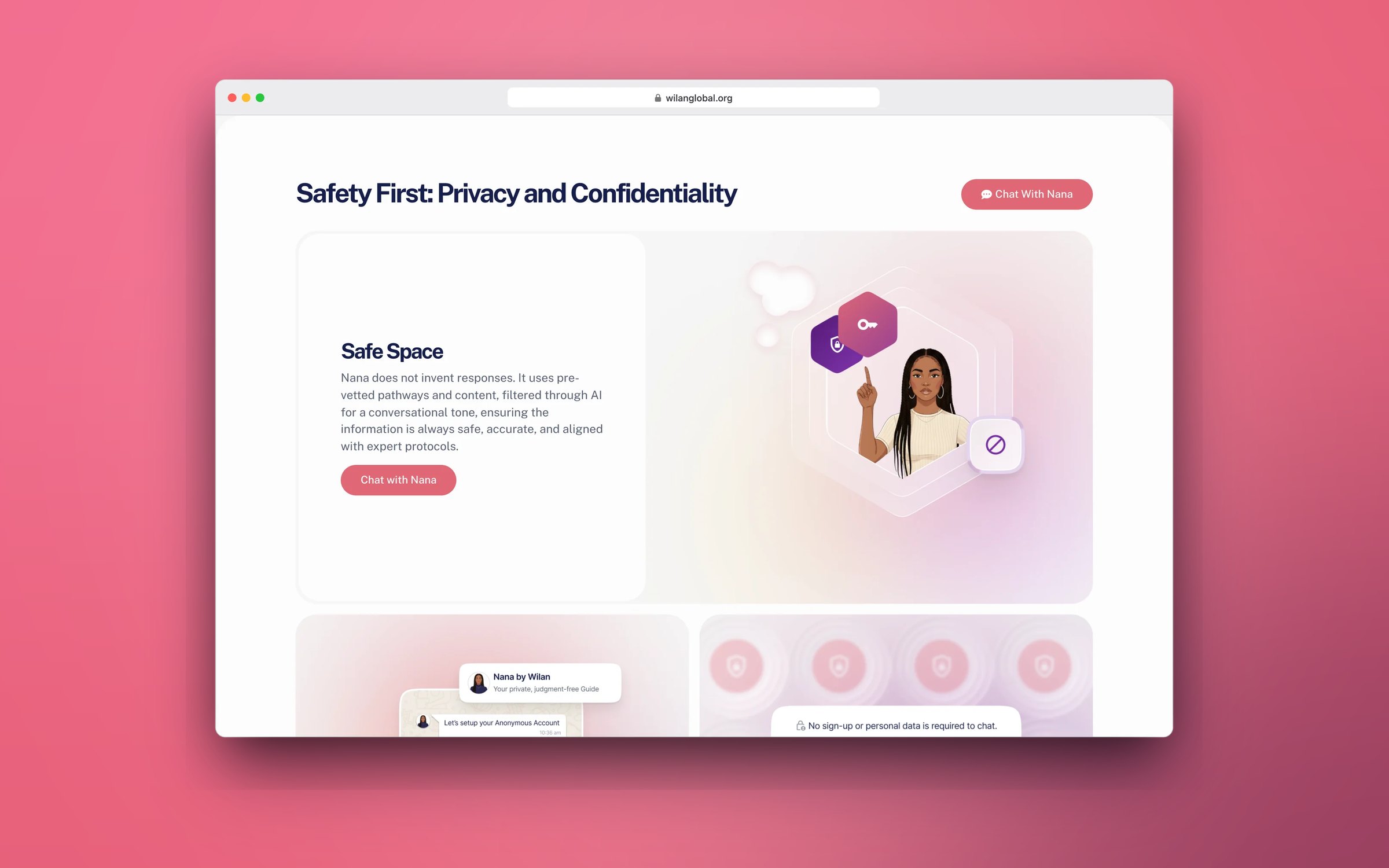 Safety First: Privacy and Confidentiality section of the NANA page, in a desktop browser