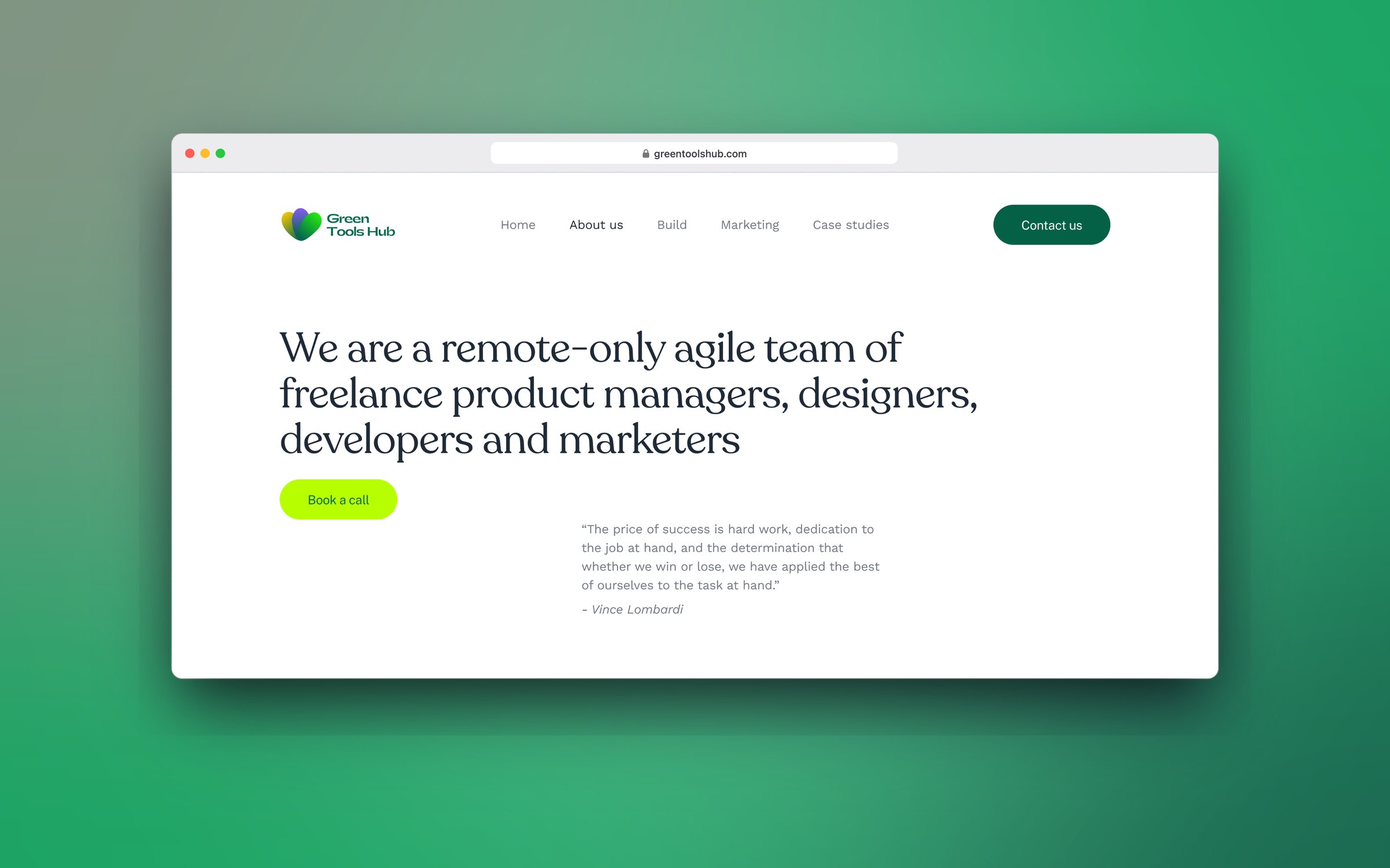 Greentoolshub about page hero introducing the remote-only agile team, in a desktop browser