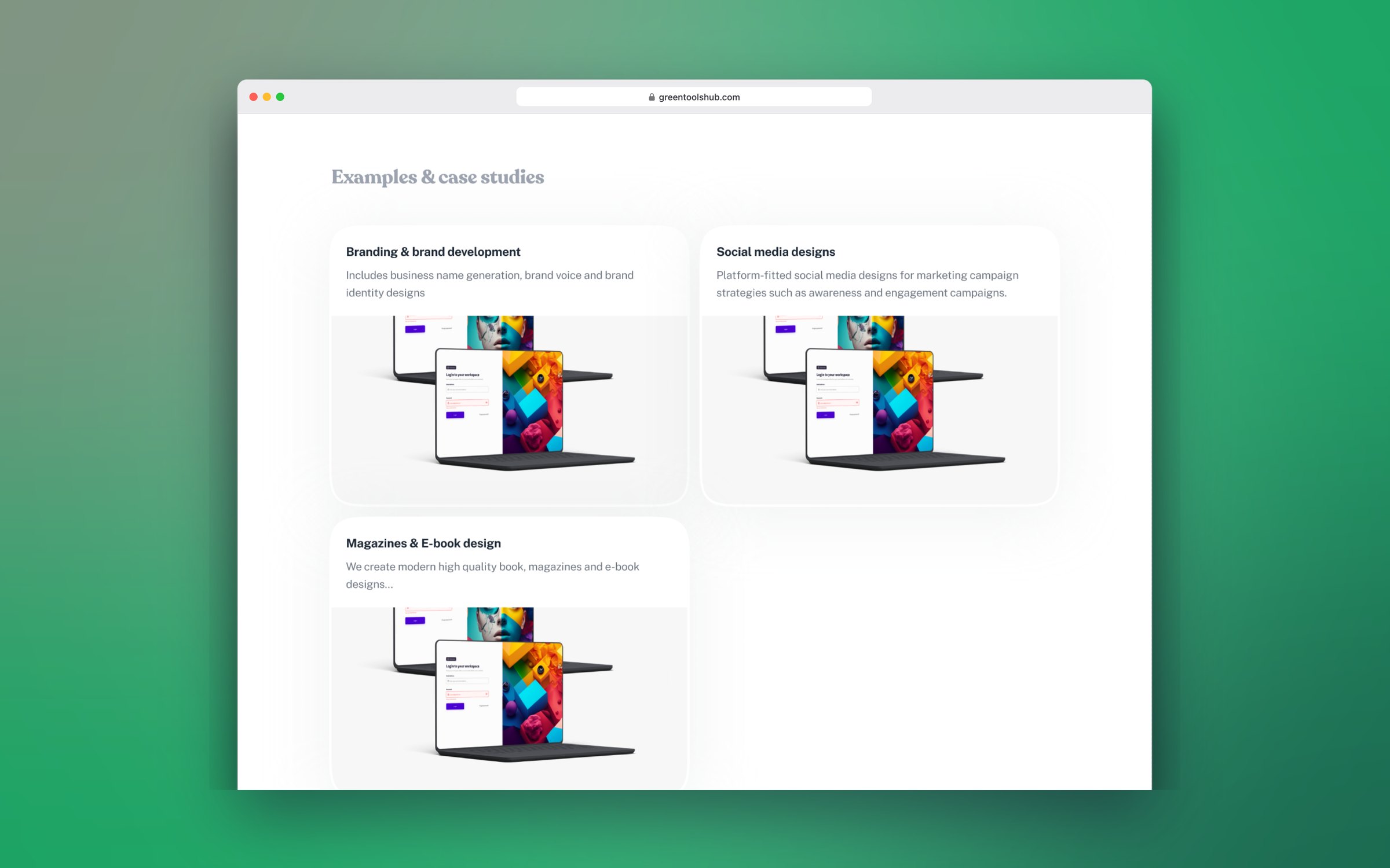 Examples and case studies grid on the web design page, in a desktop browser