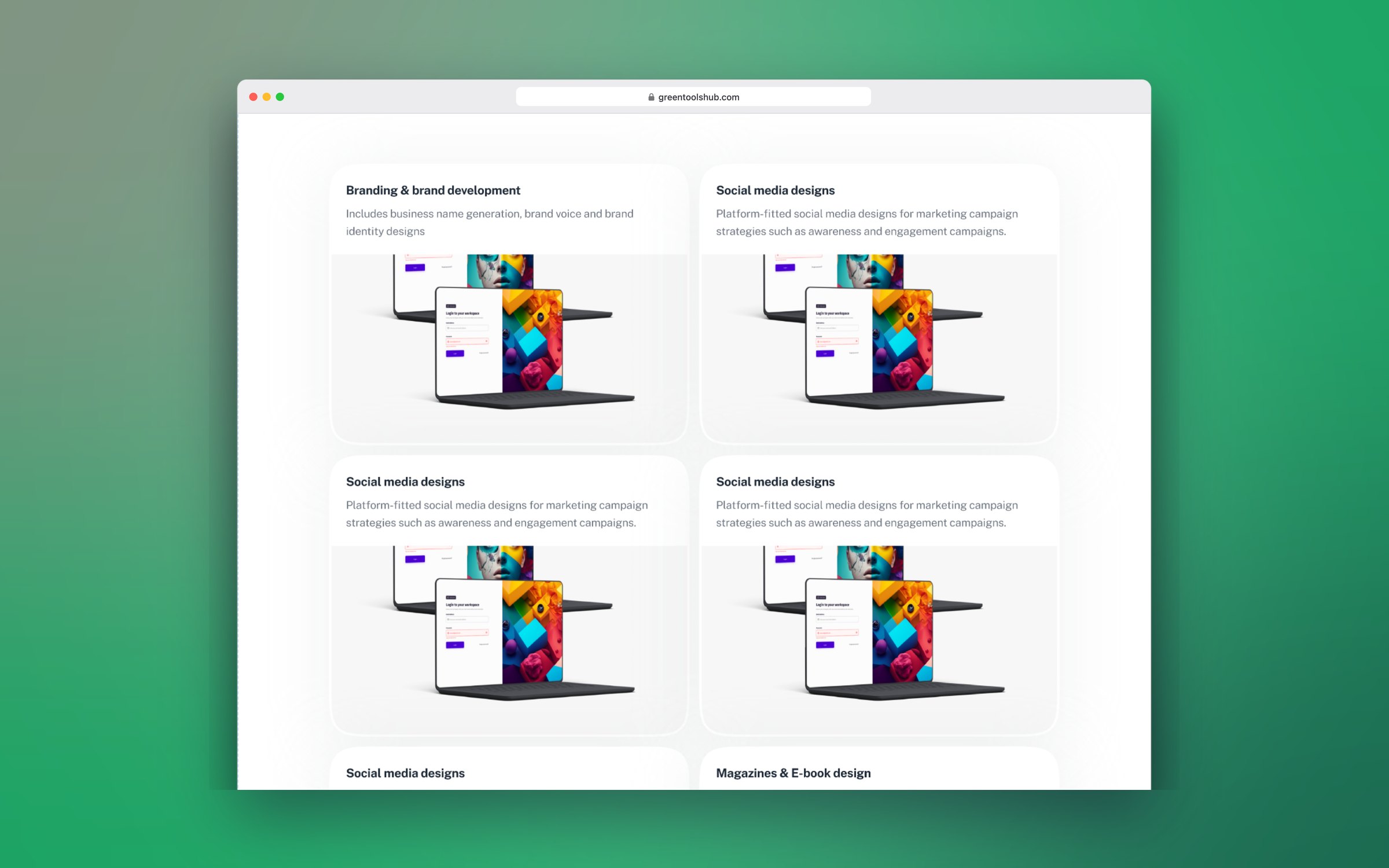 Case studies grid with laptop mockups of client work, in a desktop browser
